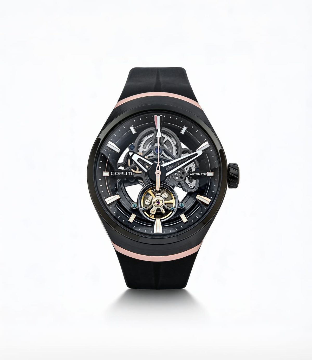 Equinox Black Dial Rose Gold Rubber Skeleton Watch