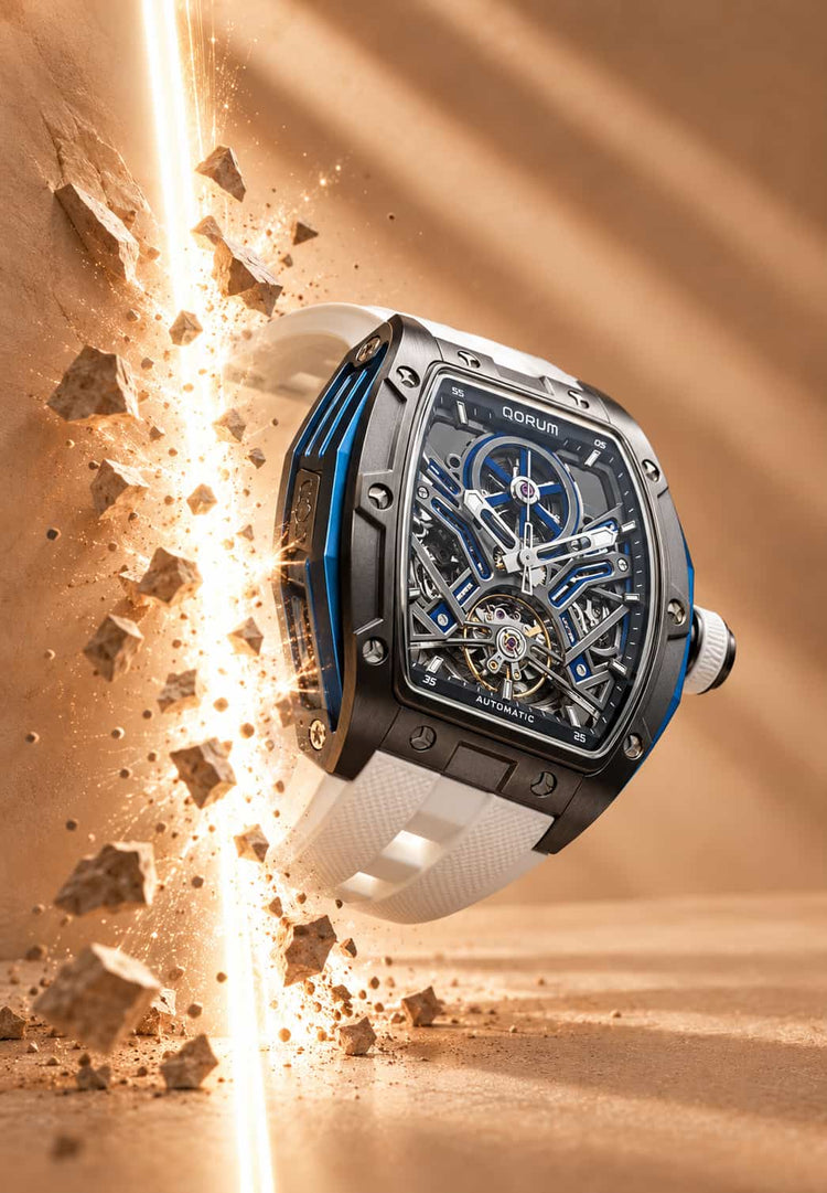 QORUM Skeleton Watch in a Golden Impact Scene