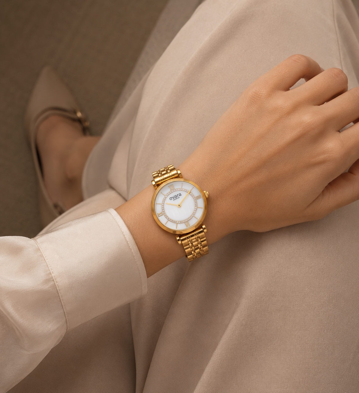 Evara Mother of Pearl Dial Gold Watch