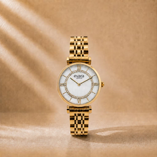 Evara Mother of Pearl Dial Gold Watch