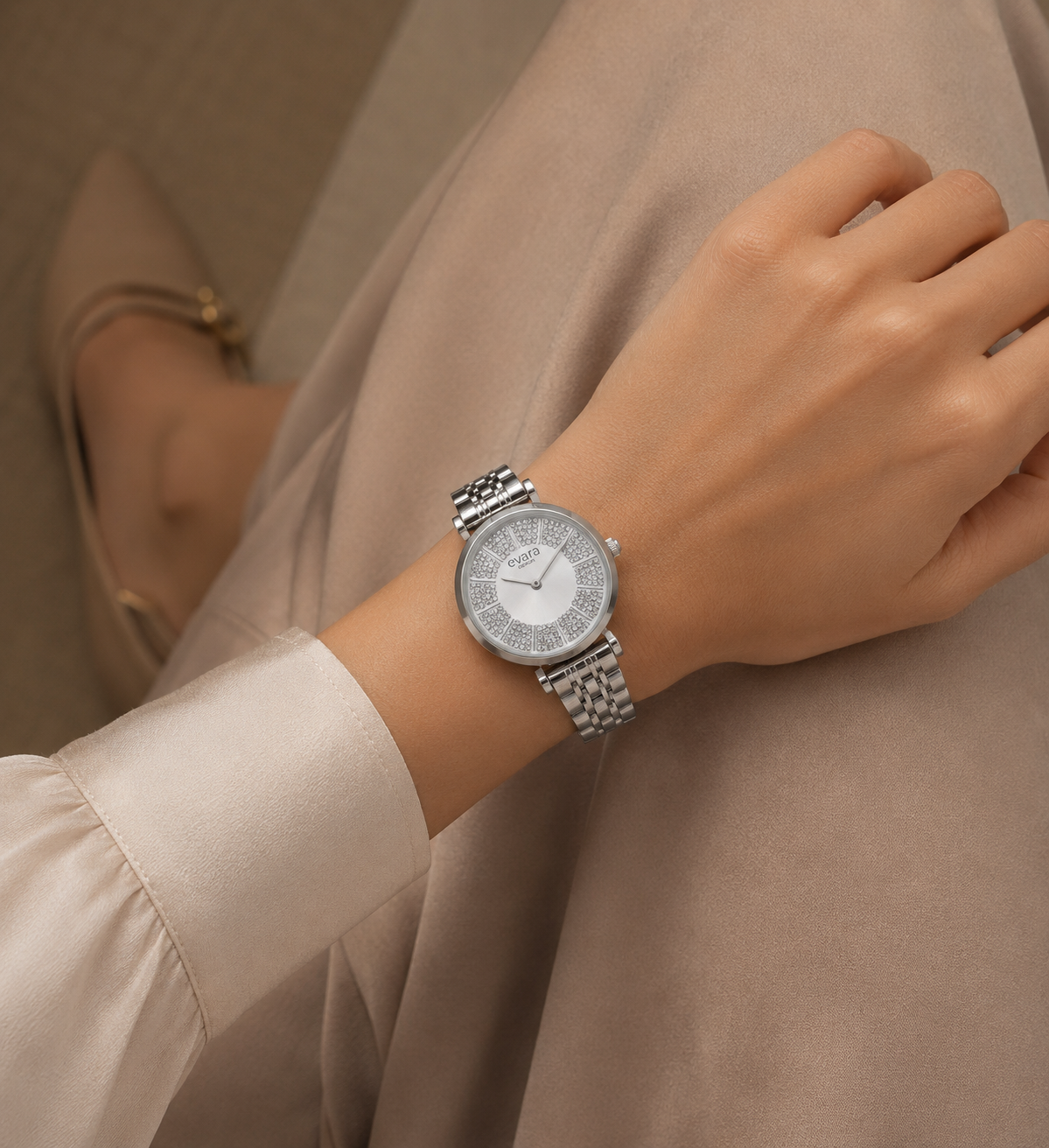 Evara Silver Studded Dial Watch