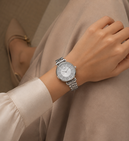Evara Silver Studded Dial Watch