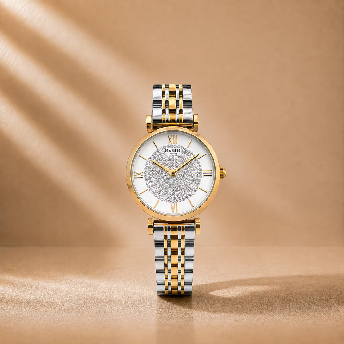 Evara Ivory Studded Dial Gold Watch