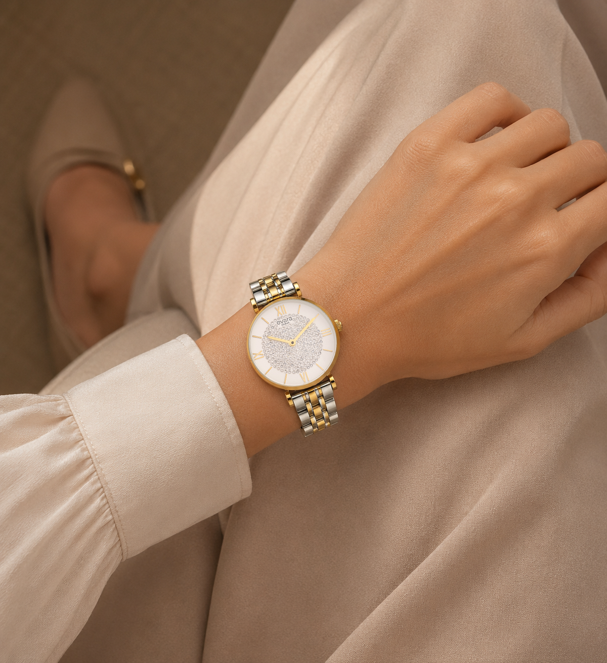 Evara Ivory Studded Dial Gold Watch