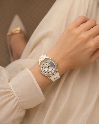 Evara White Dial Gold Watch