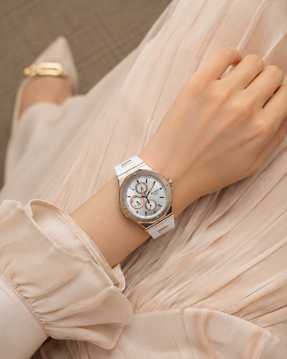 Evara White Dial Rose Gold Watch