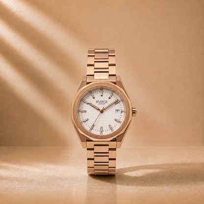 Evara White Dial Date Rose Gold Watch
