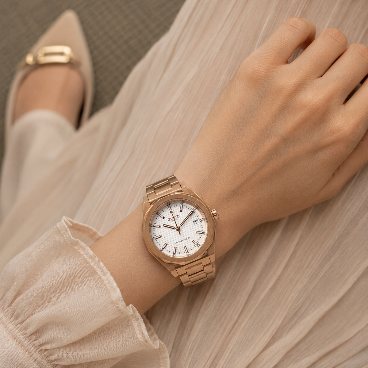 Evara White Dial Date Rose Gold Watch
