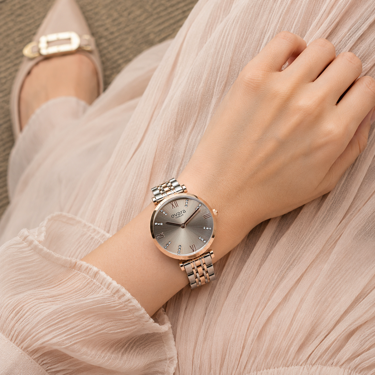 Evara Platinum Grey Dial Rose Gold Watch