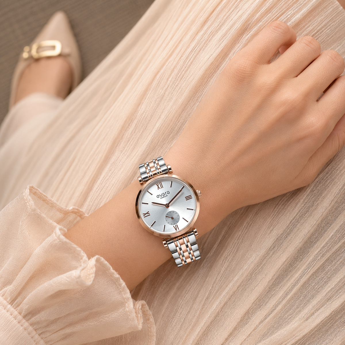 Evara Silver Dial Two-Tone Rose Gold Watch