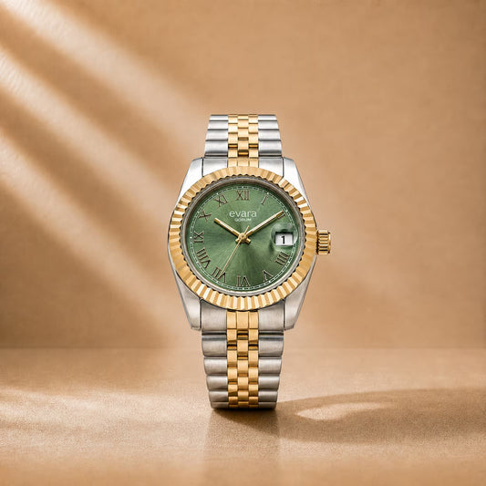 Evara Gold Two-Tone Green Dial Watch 