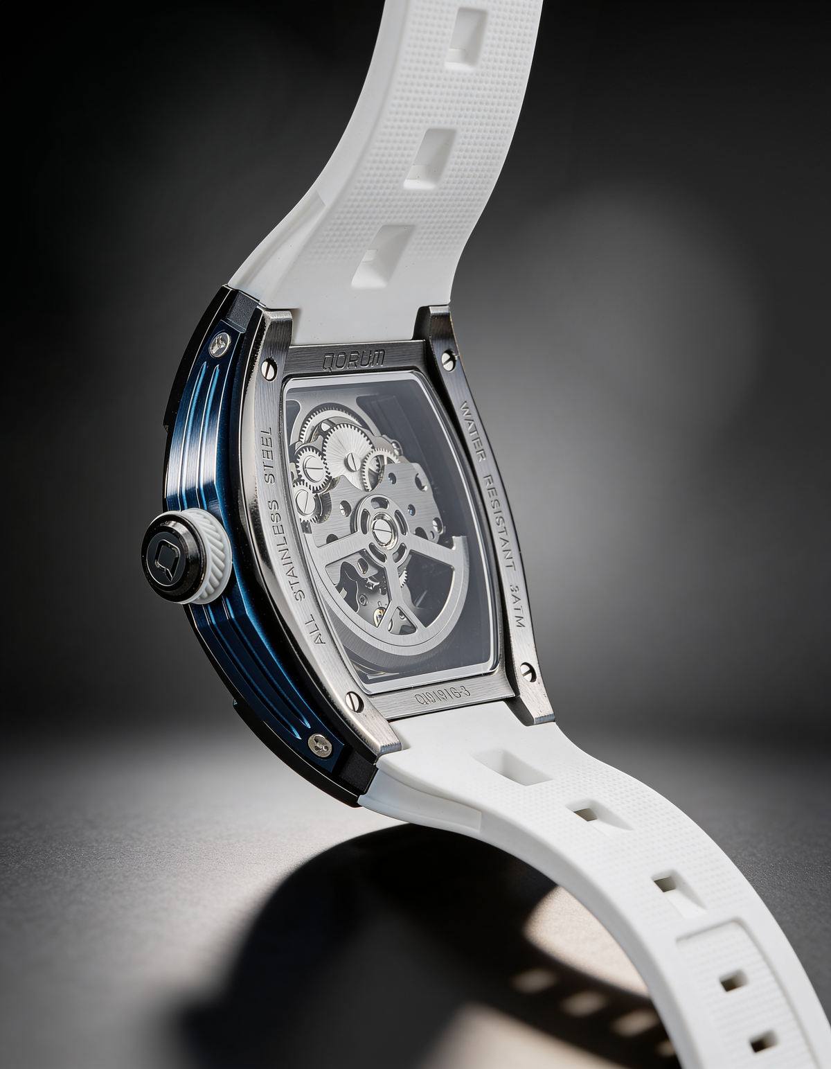 Equinox Black Dial Blue Detail White Strap Skeleton Watch