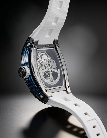 Equinox Black Dial Blue Detail White Strap Skeleton Watch