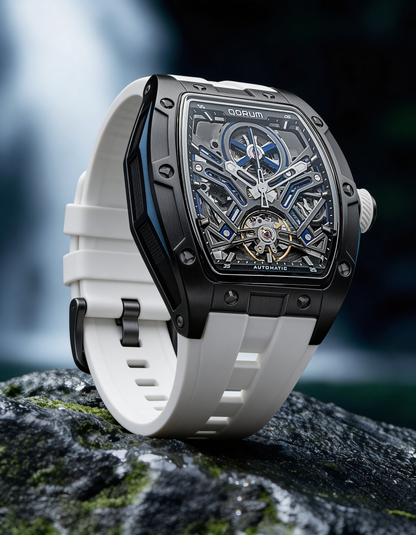 Equinox Black Dial Blue Detail White Strap Skeleton Watch