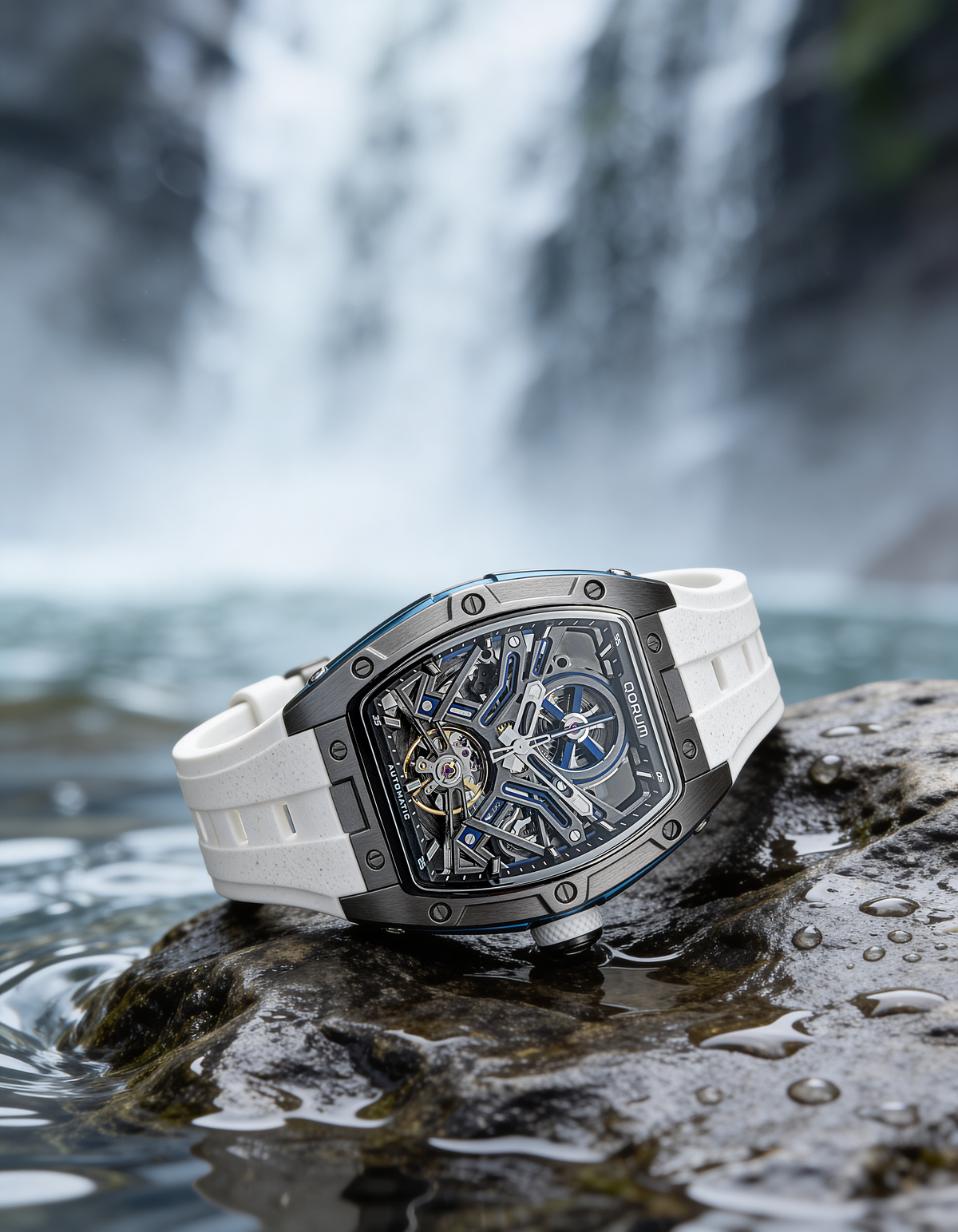 Equinox Black Dial Blue Detail White Strap Skeleton Watch