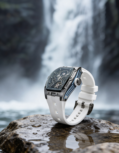 Equinox Black Dial Blue Detail White Strap Skeleton Watch