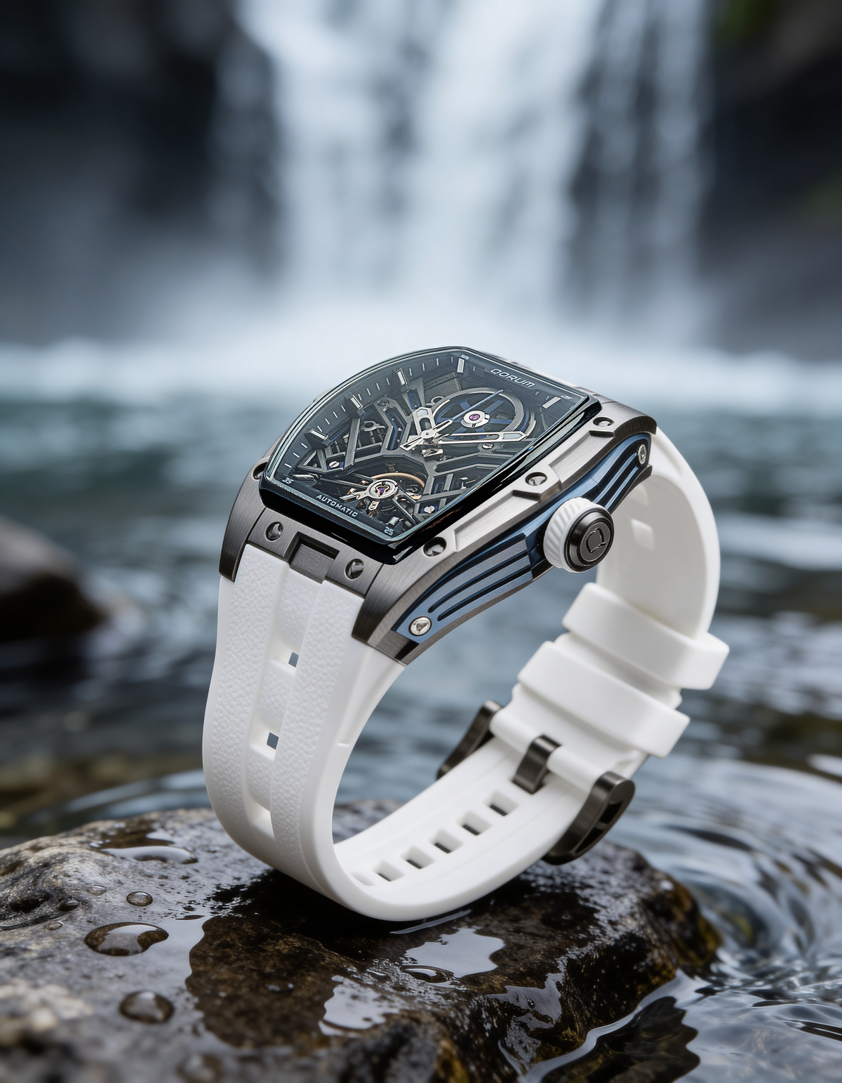 Equinox Black Dial Blue Detail White Strap Skeleton Watch