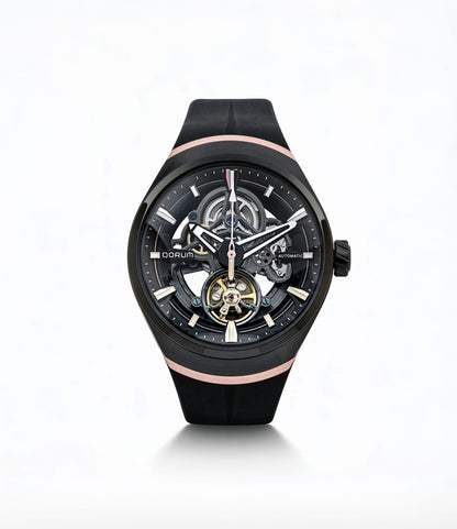 Equinox Black Dial Rose Gold Rubber Skeleton Watch