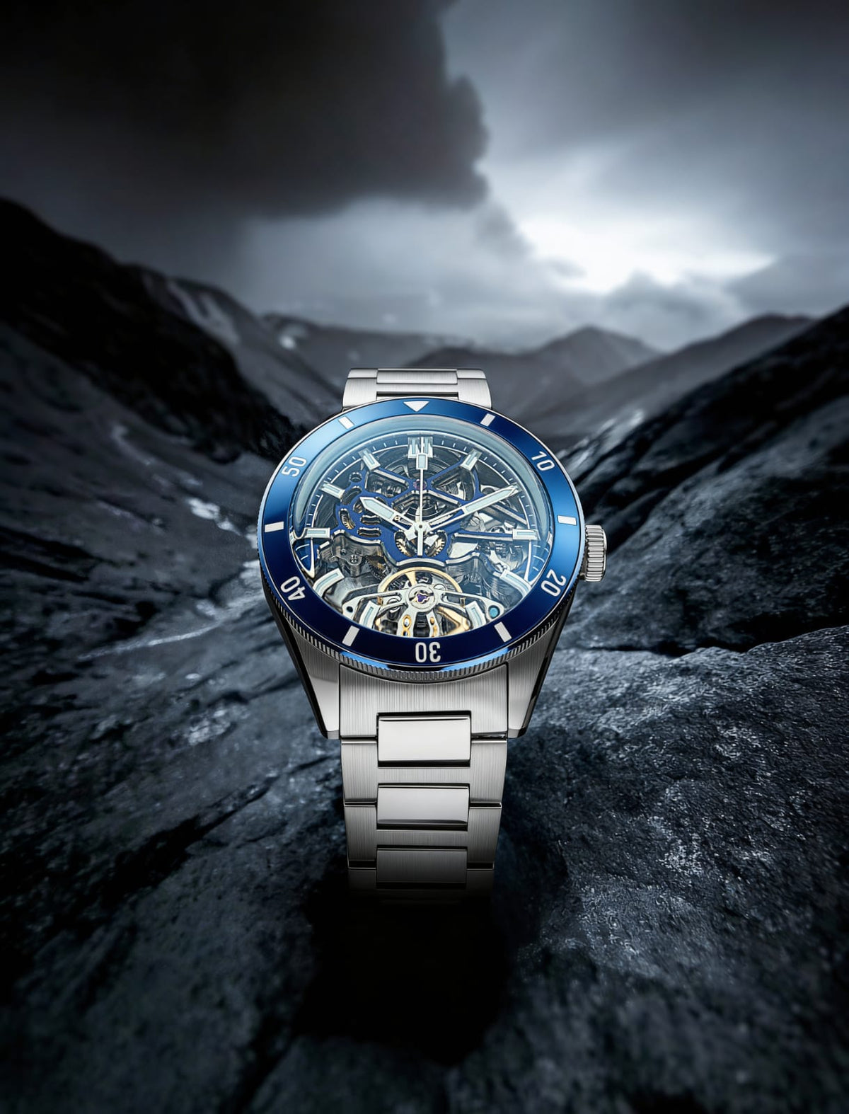 Equinox Steel Dial Blue Bezel Skeleton Watch