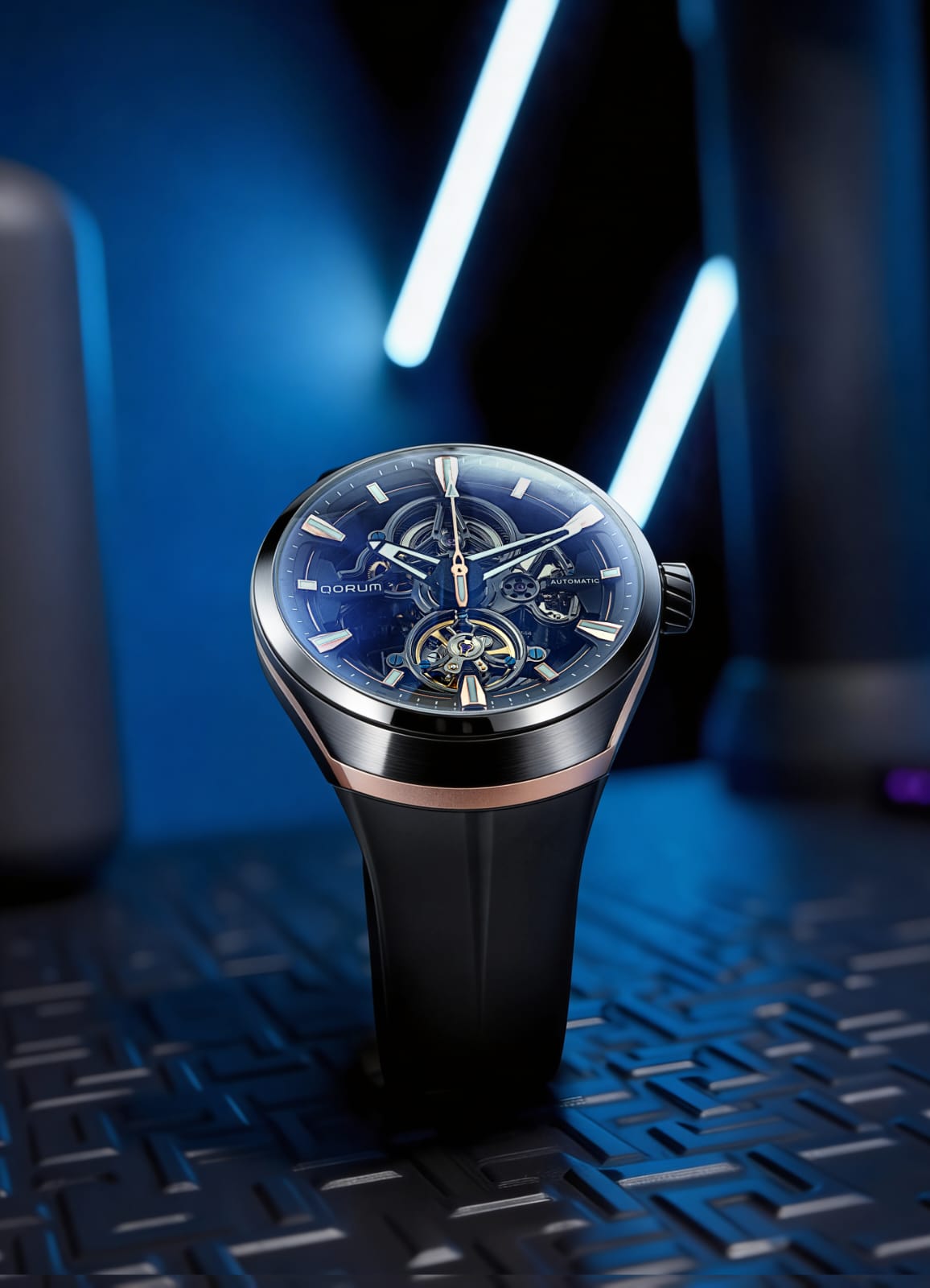 Equinox Black Dial Rose Gold Rubber Skeleton Watch
