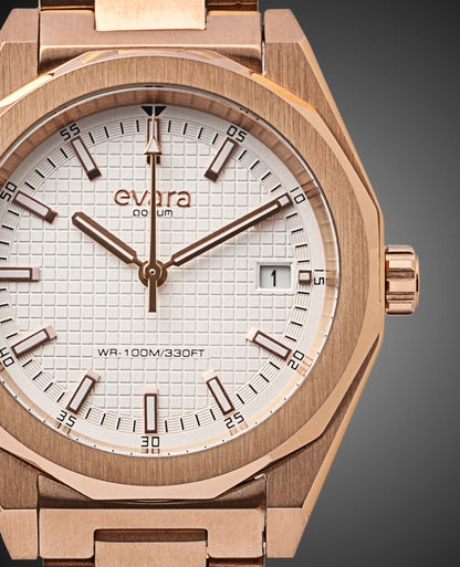 Evara White Dial Date Rose Gold Watch