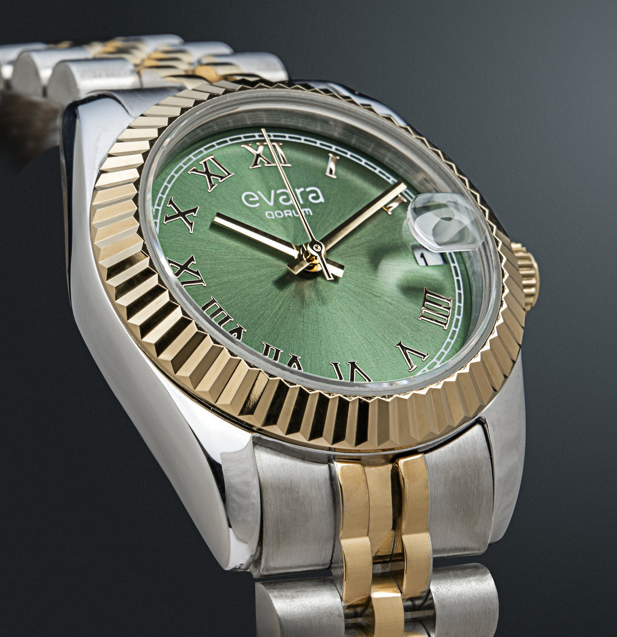Evara Gold Two-Tone Green Dial Watch 