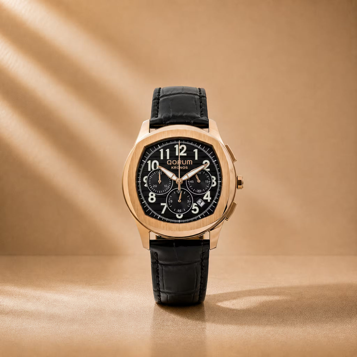 Kronos Black Dial Leather Chronograph