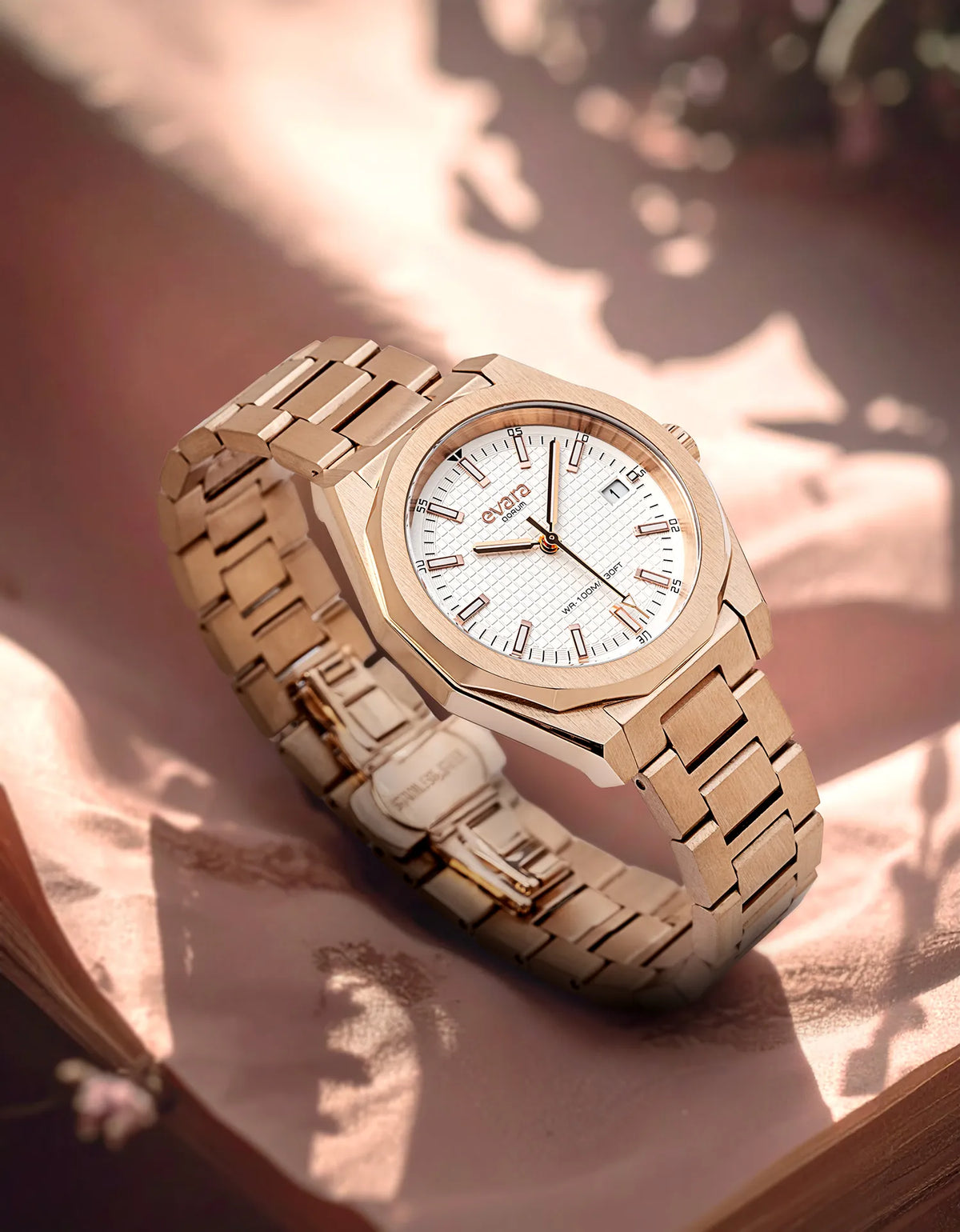 Evara White Dial Date Rose Gold Watch