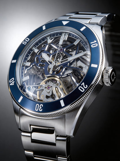 Equinox Steel Dial Blue Bezel Skeleton Watch