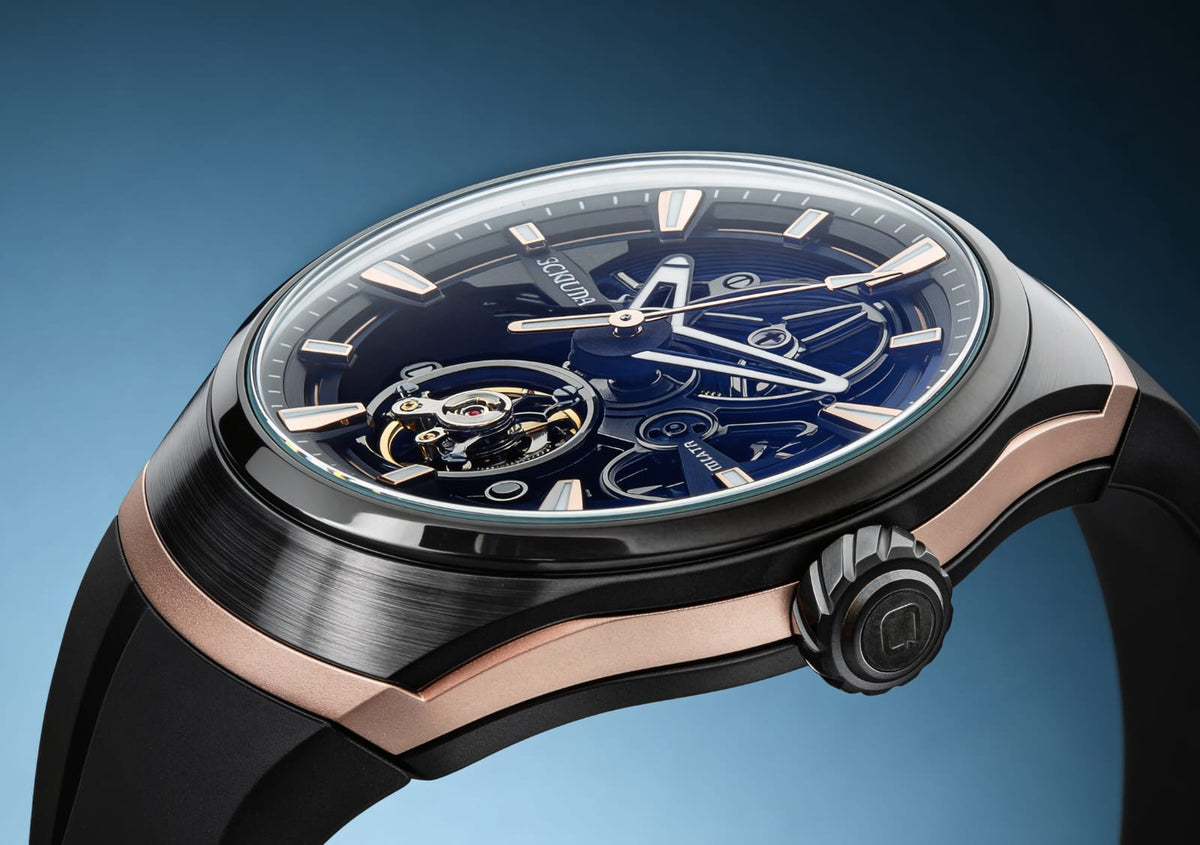 Equinox Black Dial Rose Gold Rubber Skeleton Watch