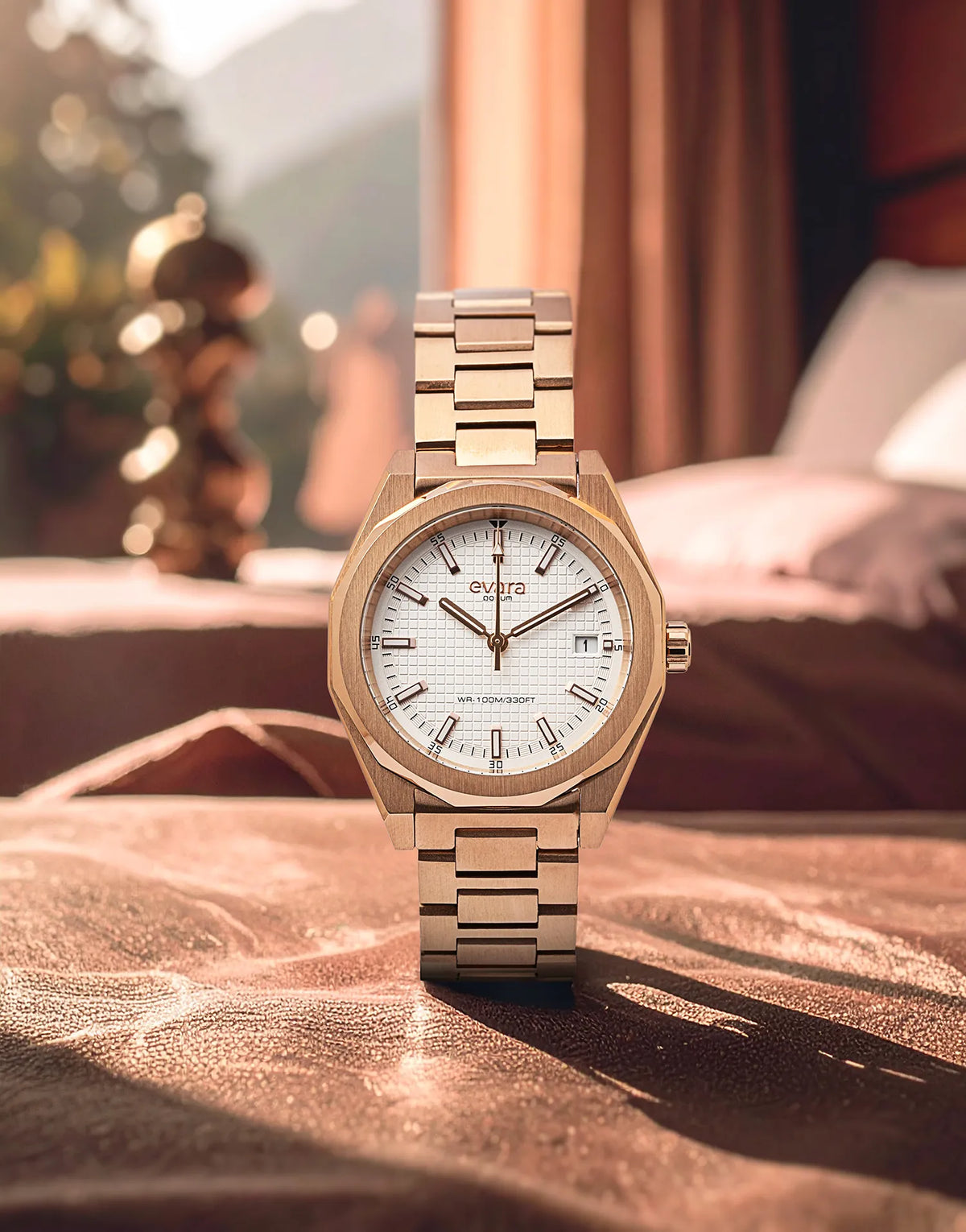 Evara White Dial Date Rose Gold Watch