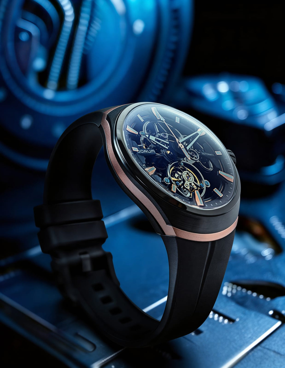 Equinox Black Dial Rose Gold Rubber Skeleton Watch