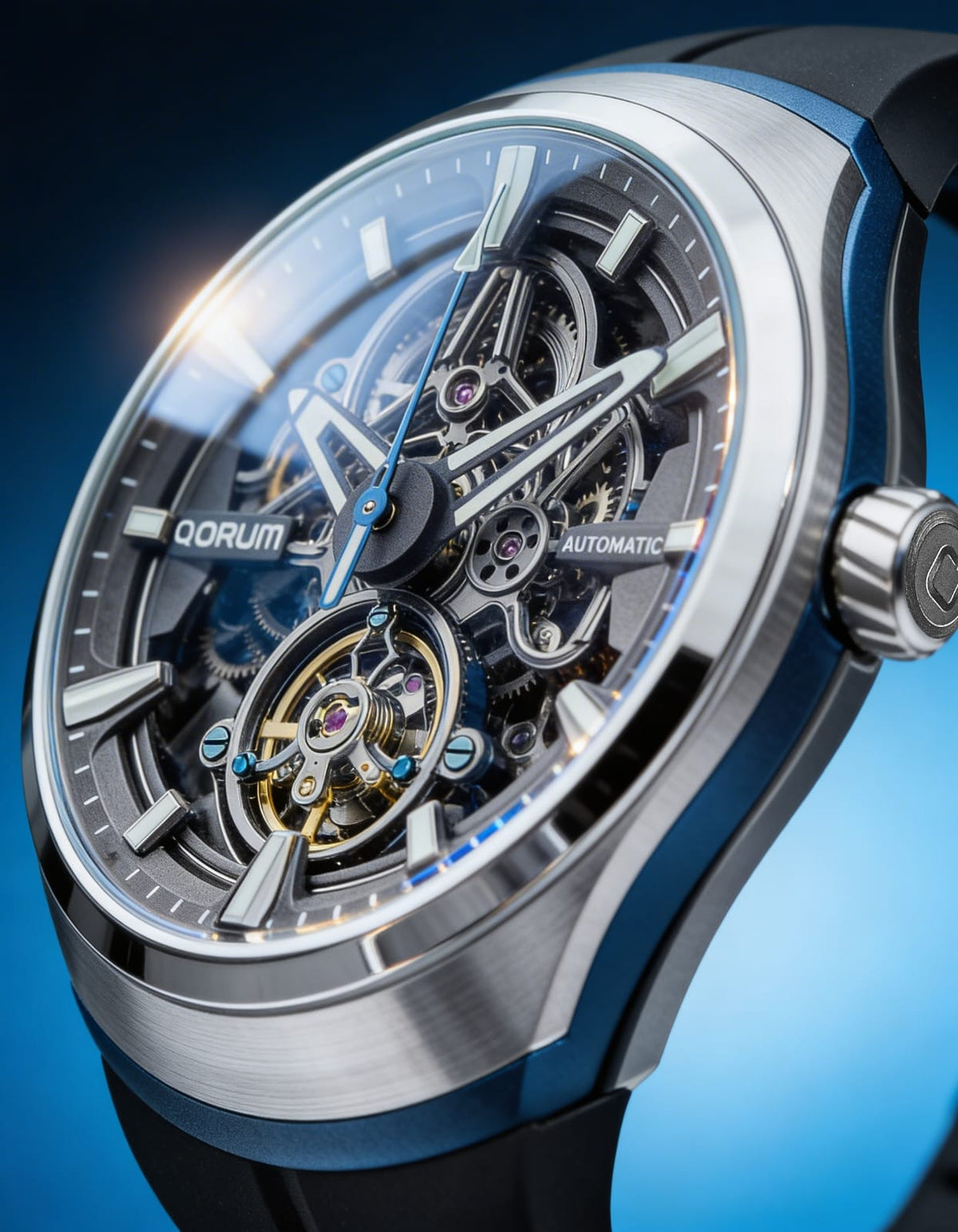 Equinox Black Dial Blue Rubber Skeleton Watch