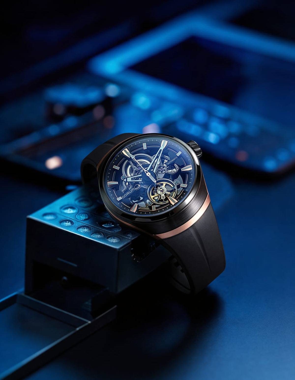 Equinox Black Dial Rose Gold Rubber Skeleton Watch