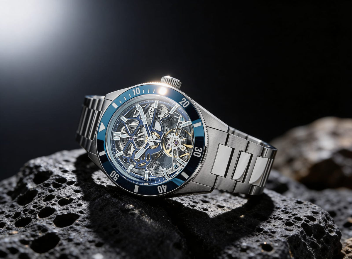 Equinox Steel Dial Blue Bezel Skeleton Watch