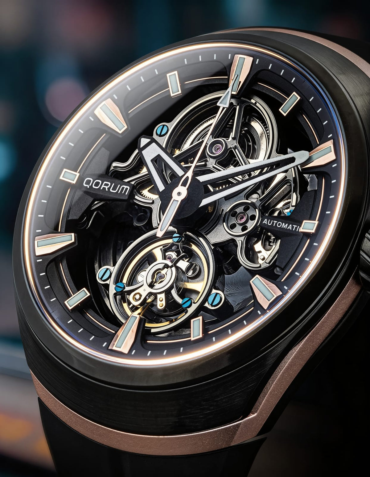 Equinox Black Dial Rose Gold Rubber Skeleton Watch