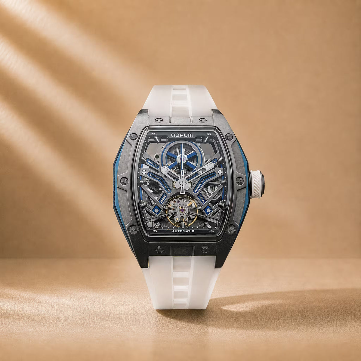Equinox Black Dial Blue Detail White Strap Skeleton Watch