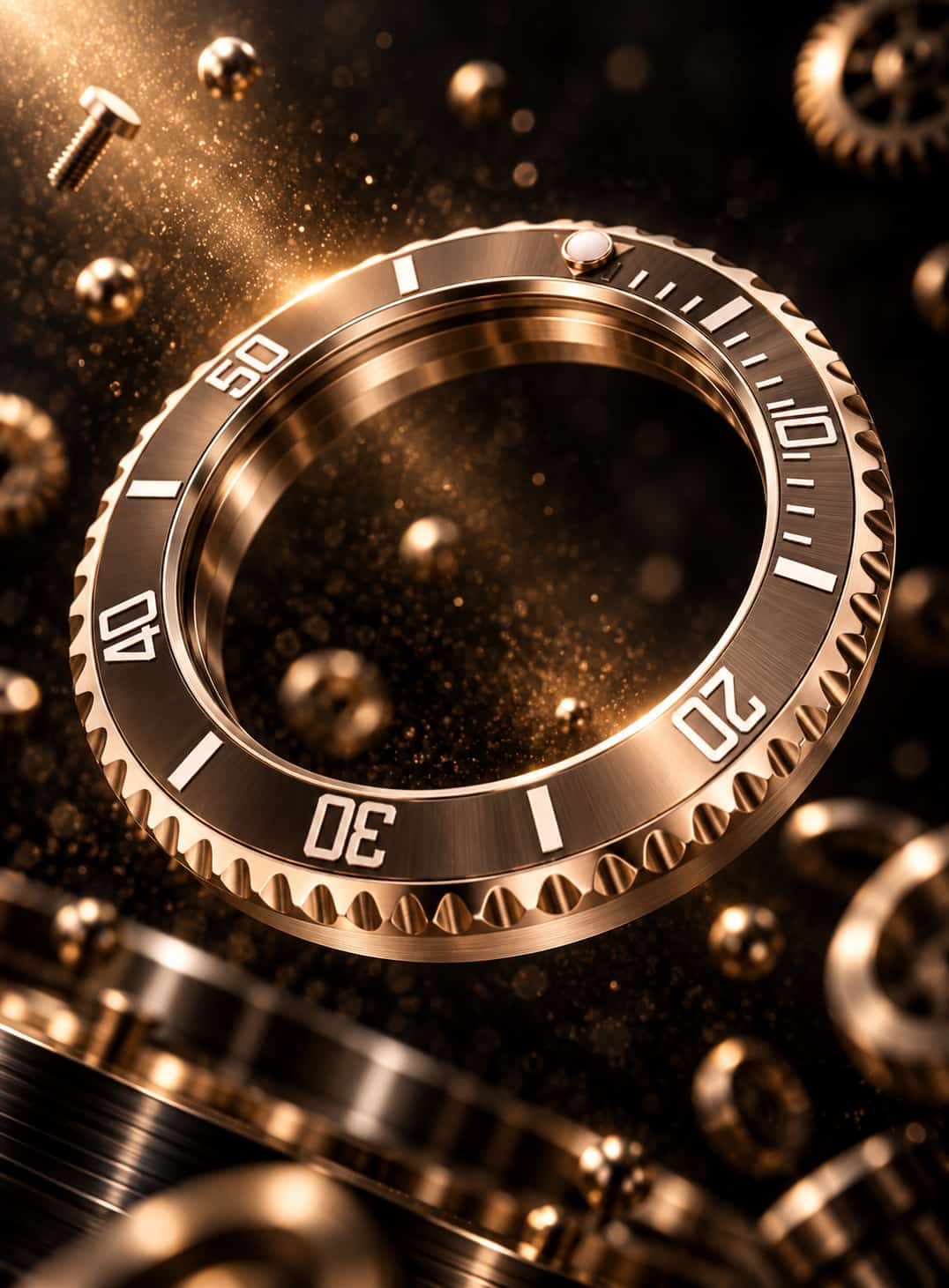 A close-up of a metallic watch dial or bezel component with engraved white numerals and markings, surrounded by gold-toned gears, floating screws, and a dark textured background with warm light reflections.