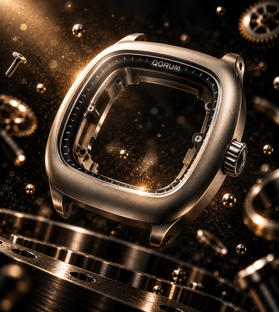 A polished metallic watch case with a square rounded corner and visible QORUM branding on the inner bezel, shown floating against a dark mechanical background with gears and glowing gold bokeh.