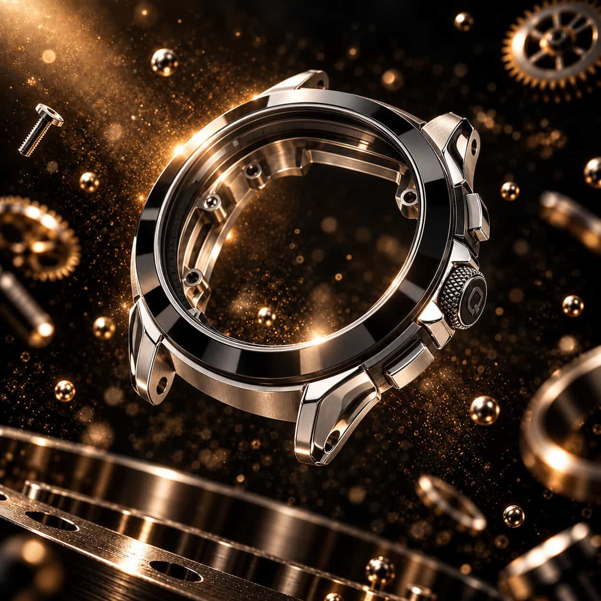 A polished metallic watch case or watch blank with a circular bezel and side crown, shown floating against a dark gold background filled with bokeh lights and mechanical gear props.