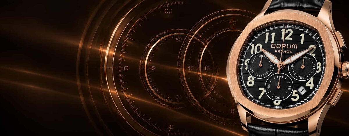 A close-up of a Borum analog watch with a rose gold-toned case, black dial, and black leather strap, set against a dark abstract background with circular clock-like graphics and warm light flares.