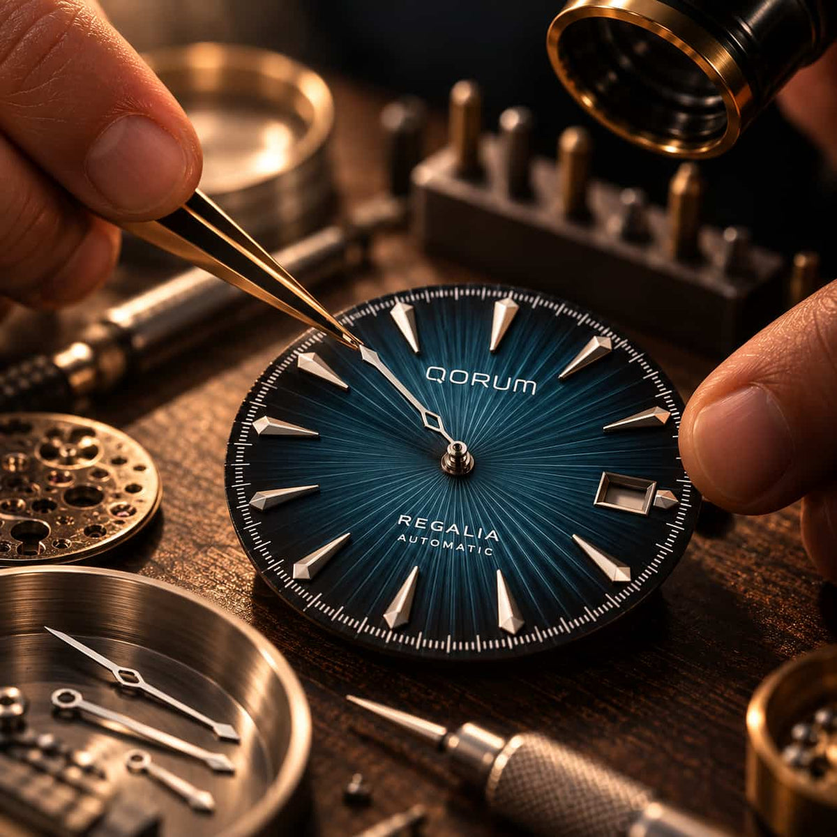 A close-up of a watch dial being handled by jeweler's hands with tweezers, surrounded by watch tools and parts on a wooden workbench. The dial is dark blue with sunburst detailing, silver-tone markers, and the brand name QORUM and model REGALIA AUTOMATIC visible.