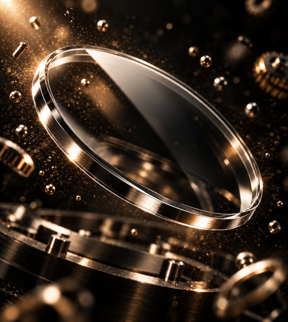 A close-up of a clear, highly polished circular lens or glass disc floating in a dramatic studio scene with metallic gold and bronze mechanical elements and glowing particles in the background.