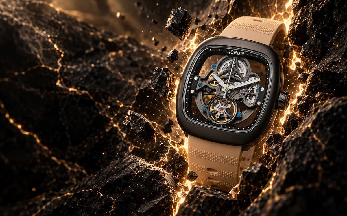 A luxury skeleton watch with a black bezel and tan textured strap, displayed on a dramatic background of dark volcanic rocks with glowing golden fissures.