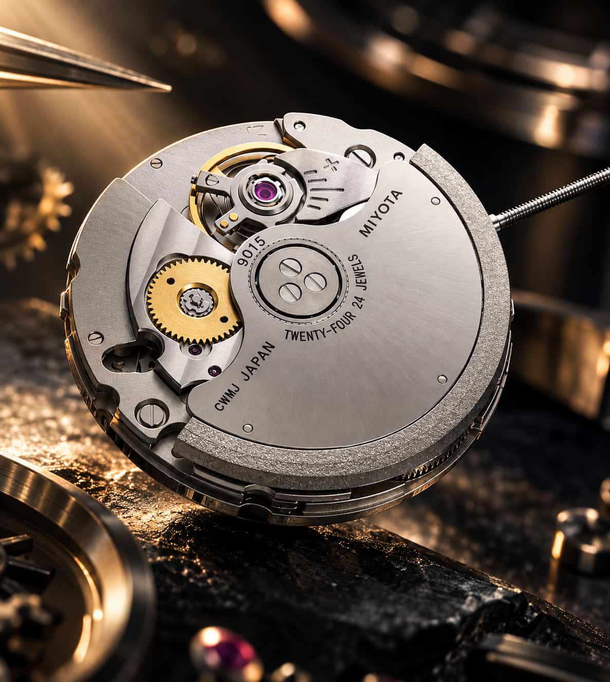 Close-up of a Miyota watch movement mechanism, showing silver-toned steel gears, gold-toned components, and a purple ruby bearing on a dark textured surface.