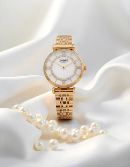 Evara Mother of Pearl Dial Gold Watch