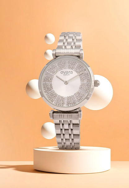 Evara Silver Studded Dial Watch
