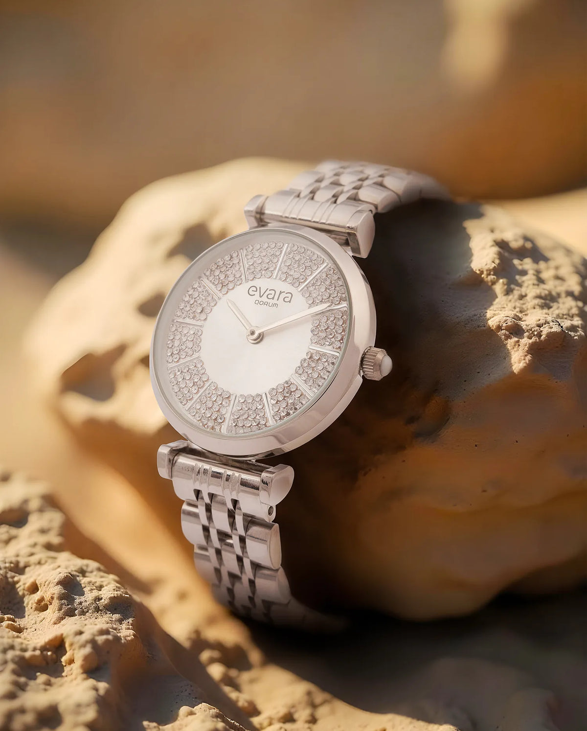 Evara Silver Studded Dial Watch