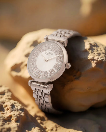 Evara Silver Studded Dial Watch