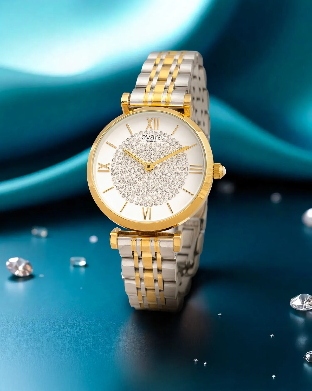 Evara Ivory Studded Dial Gold Watch
